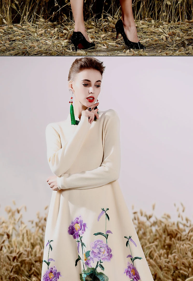 Для женщин цветок Вышивка Винтаж шерстяной вязаный свитер платье Чонсам пуловер Зима Повседневное Свободные Экзотические кардиг