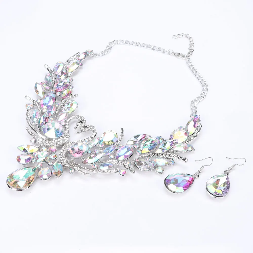 Лебедь AB кристалл свадебный ювелирный набор для женщин золотой цвет ожерелье серьги Свадебные модные ювелирные бусы подарок - Окраска металла: Silver AB