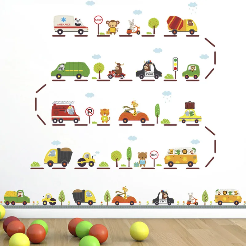  Cartoon Car highway wall stickers for kids rooms kindergarten children nursery room decoration on t - 32801240185