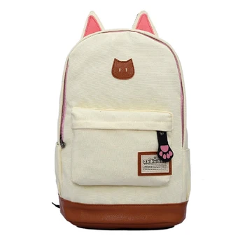 

Canvas Backpack For Women Girls Satchel School Bags Cute Rucksack School Backpack children Cat Ear Cartoon Women Bags Beige