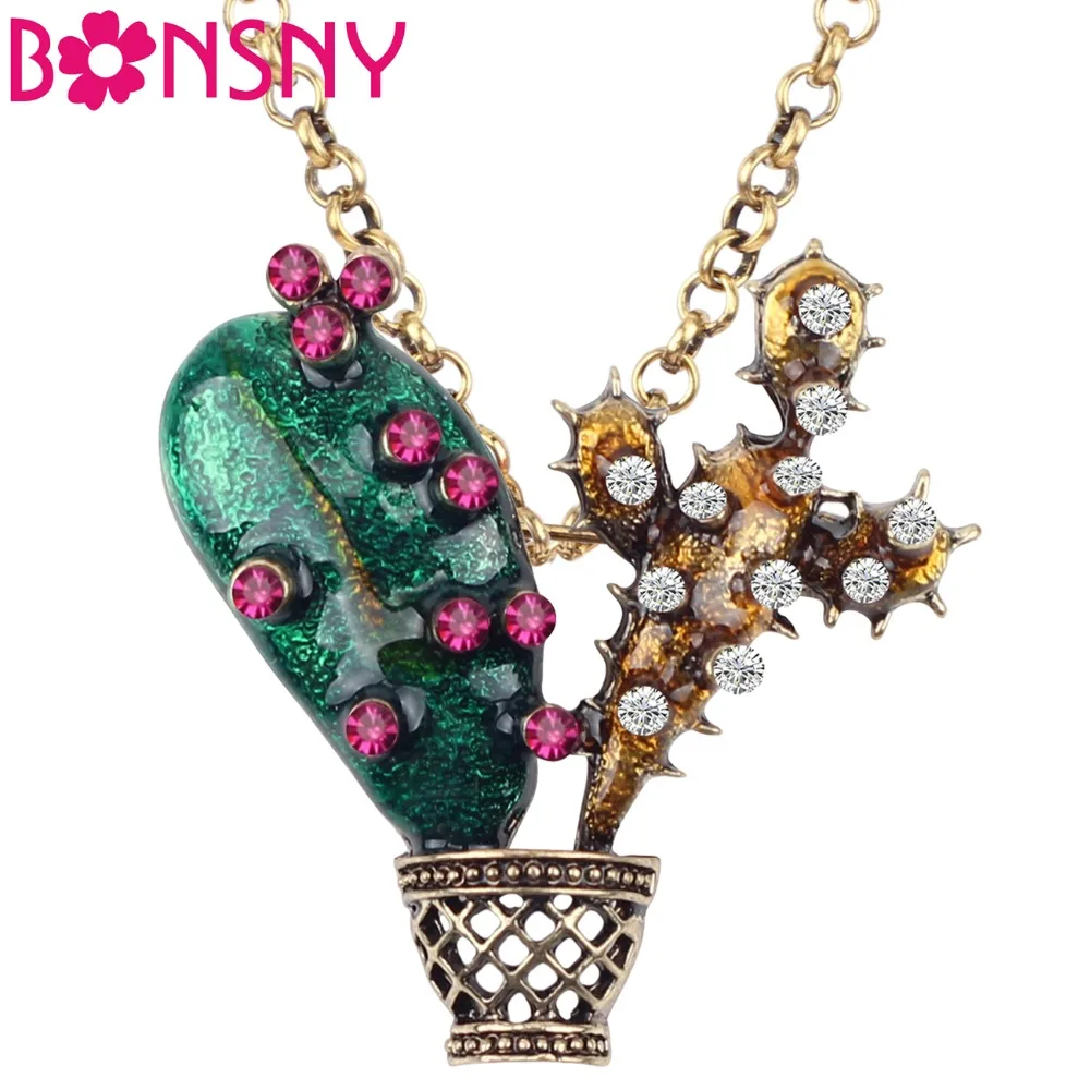 Bonsny Enamel Alloy Rhinestone Novelty Cacti Cereus Necklace Pendant