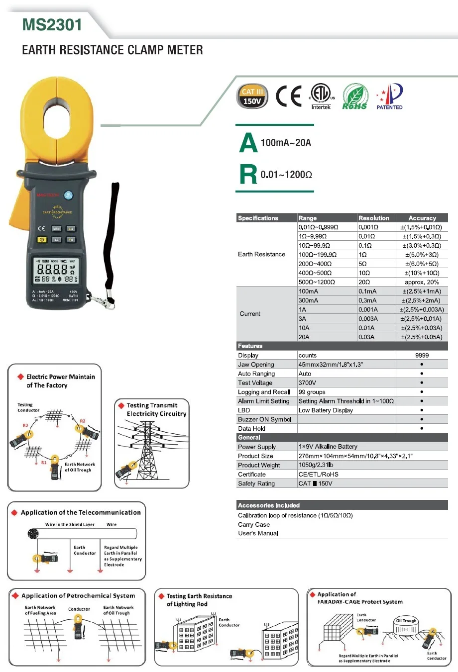 MASTECH MS2301 переносной 0.01Ohm Высокоточный Цифровой расширенный заземления сопротивления зажим для тестера мегометр мегомметр