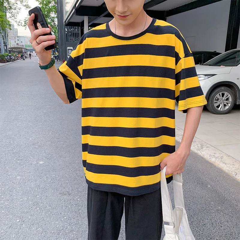 

Mr.nut men's loose port wind 2019 summer new youth Korean version of the trend stripe color round neck Short sleeve t-shirt