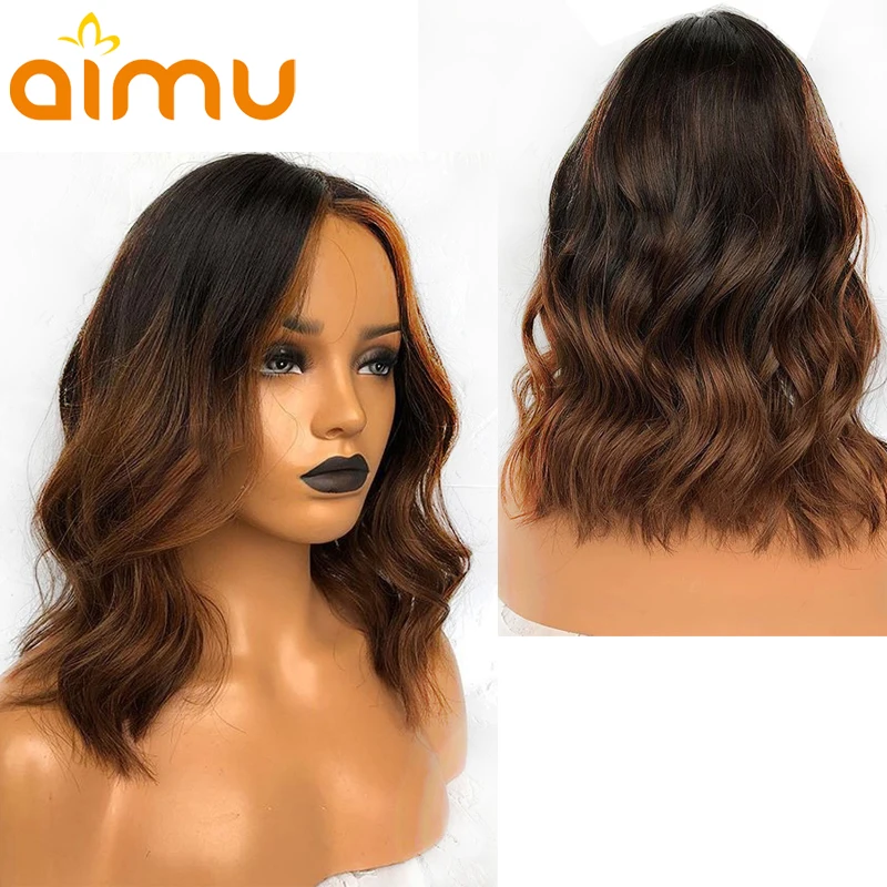 

Ombre Color 1B/30 Brown Highlight 360 Lace Frontal 100% Bob Wavy Real Long Human Hair Wig Remy Indian Invisible PrePlucked Aimu