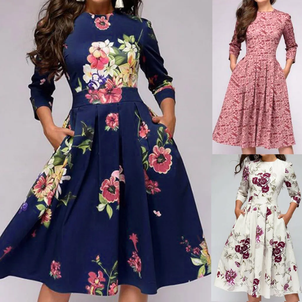 

Chinese style 2019 Latest Spring&SummerWomen Printing Long A-line Elegant Ruffles Sleeve Vintage Dress Wholesale