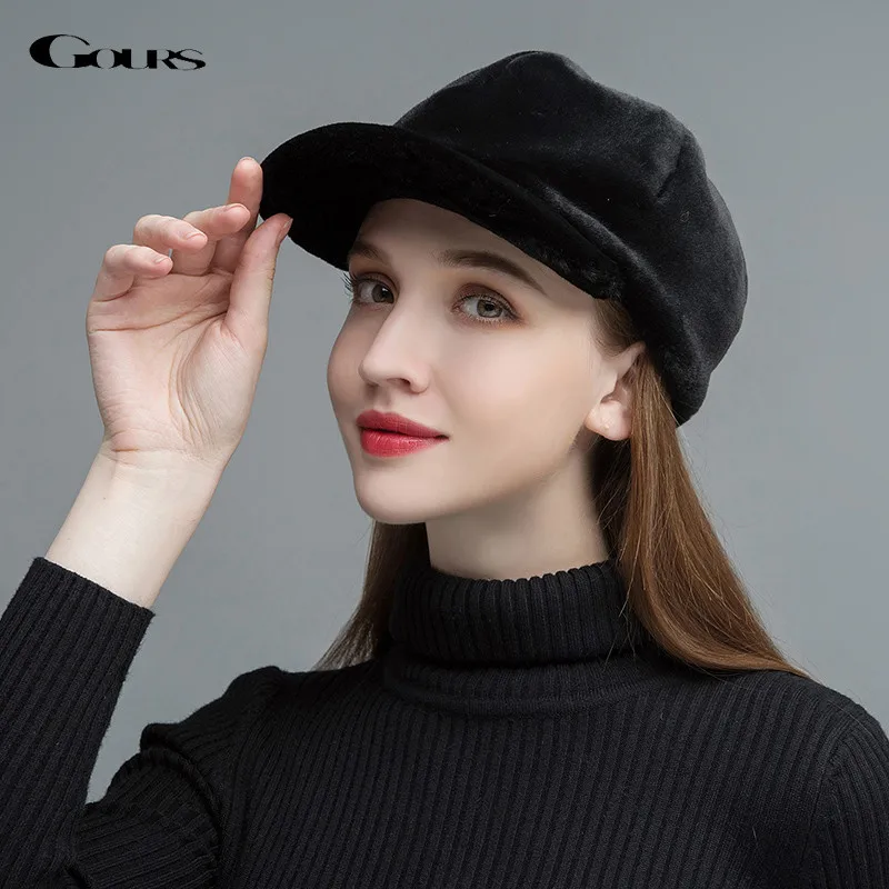 

Gours Women's Fur Hats Real Sheep Shearing Caps Cotton Lining Warm In Winter Fashion Black Wool Visors New Arrival GLH023