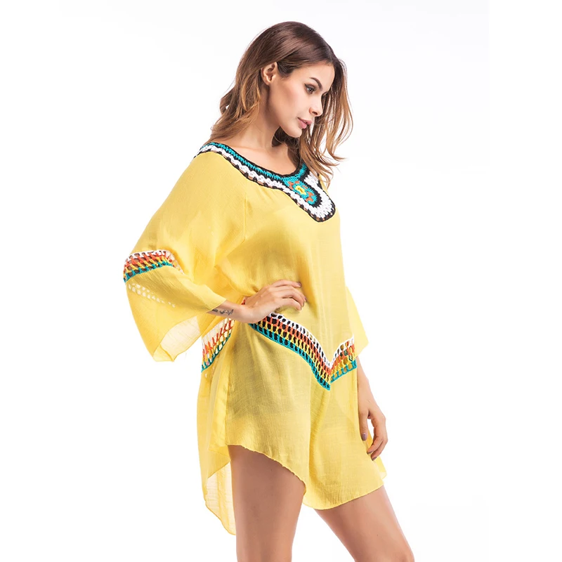 Повседневное Boho футболка Для женщин лето хлопок вышивка белый цвет желтый синий