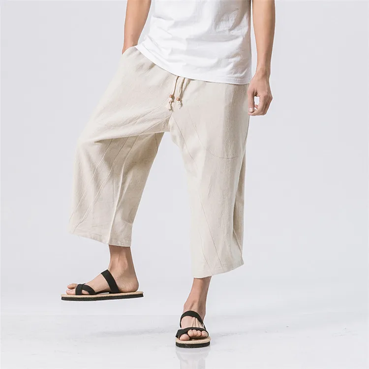 Casual Mens Pants Cotton Linen Elastic Waist Drawstring Calf Length Loose Baggy Trousers HipHop Harem Pants Pantalon DA067