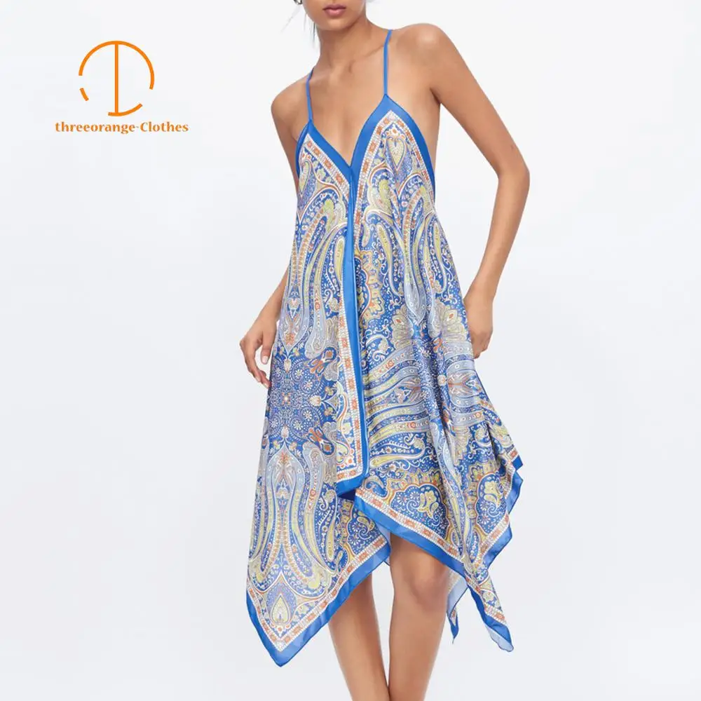 

Summer Dress women Russian Style ethnic pattern Irregular Tailoring spaghetti strap sleeveless Casual loose Midi dress vestidos