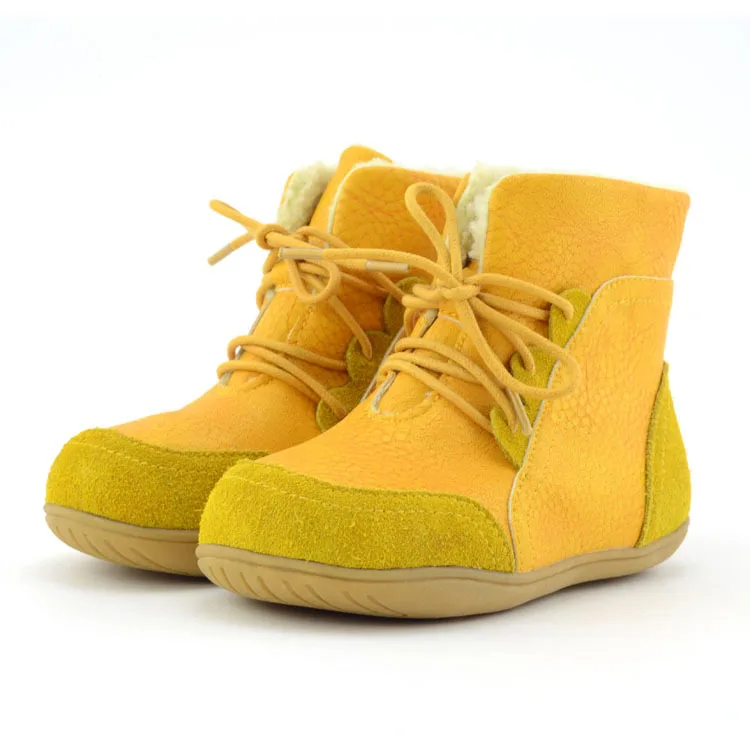 Детские ботинки из натуральной кожи новые зимние ботинки для мальчиков детская обувь для девочек, мягкая подошва, модные плюшевые кожаные ботинки на шнуровке - Цвет: yellow