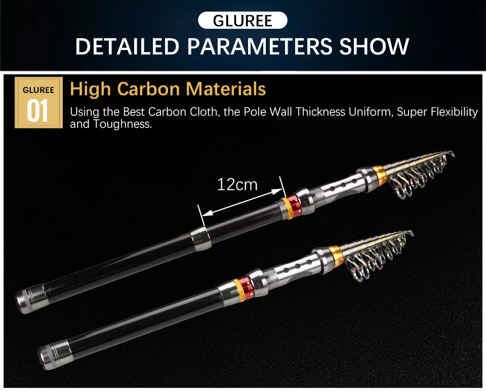 GLUREE 99% Carbon Portable Spinning Telescopic Fishing Rod  Sea Hand Pole Superhard  Fishing Tackle1.8 2.1 2.4 2.7 3.0 3.3 3 (10)