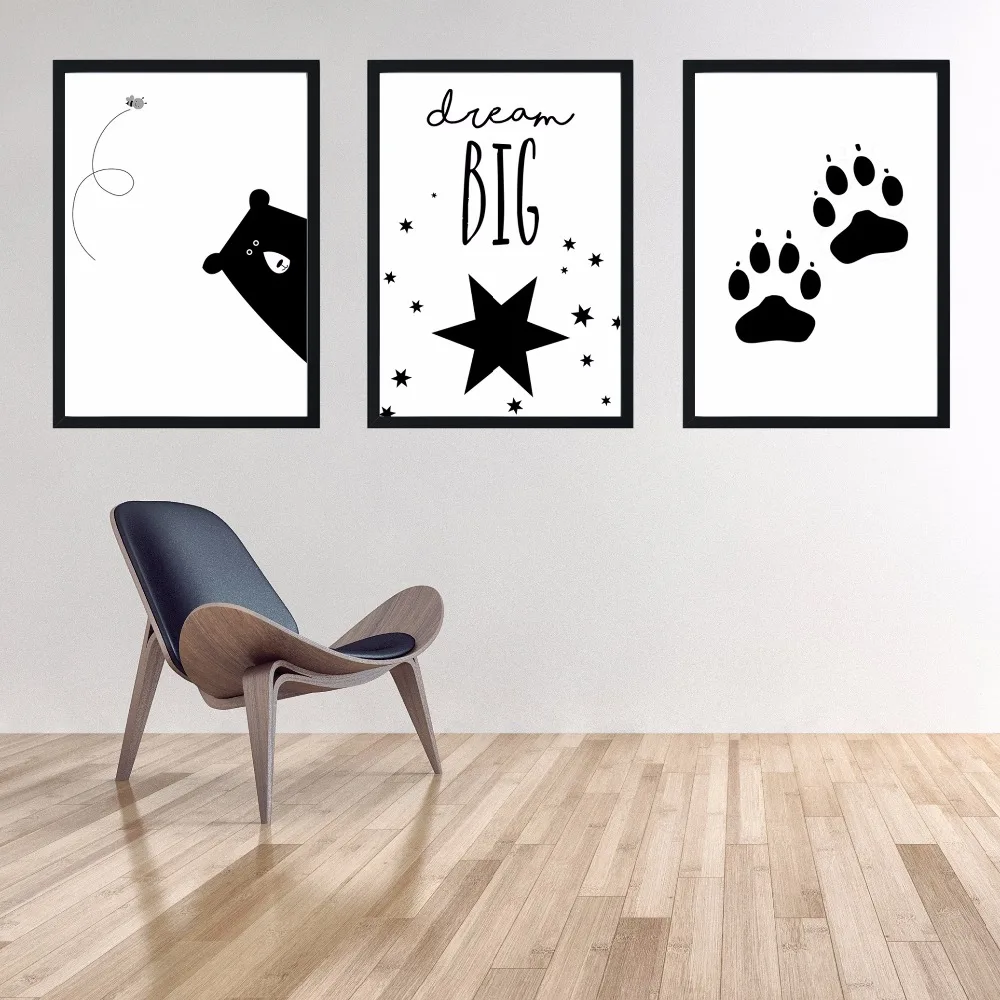 

Black white paw bear wall art canvas funny poster nursery nordic painting picture kids room decoration canvas painting K167