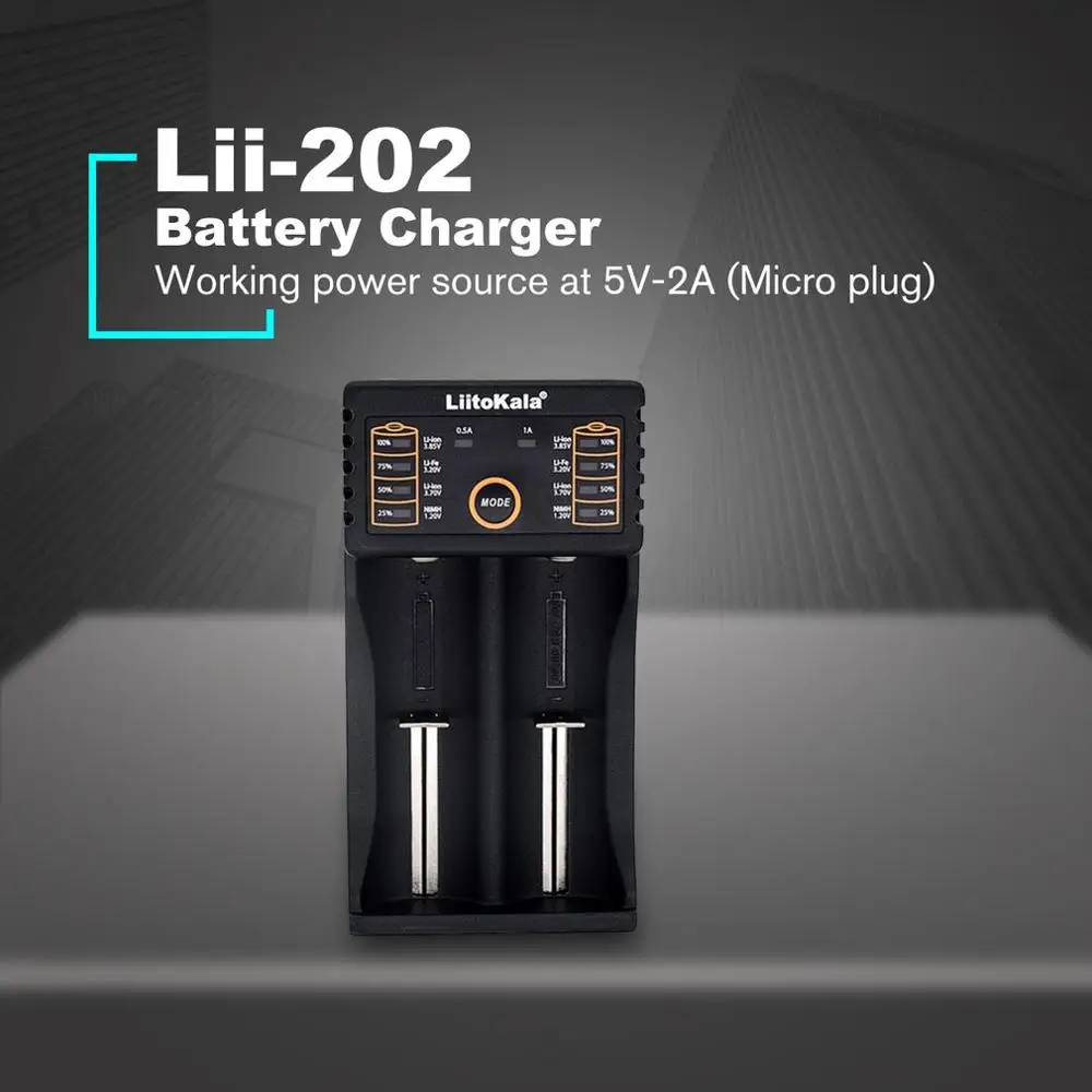 

Liitokala Lii202 18650 Charger 26650 16340 14500 NiMH li-ion Battery Smart Universal Battery Charger 5V 2A Input