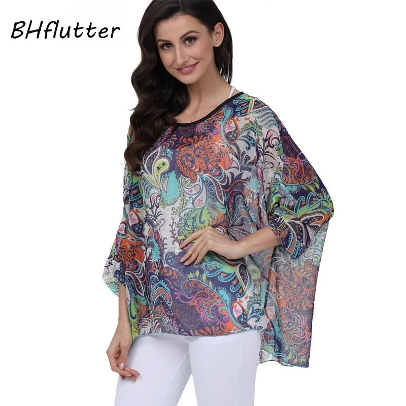 BHflutter 4XL 5XL 6XL размера плюс женская одежда новая шифоновая блузка рубашка рукав летучая мышь летний с буквенным принтом топы блузки