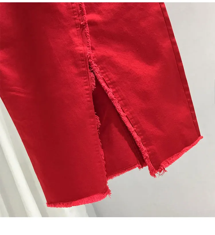 Весенняя Летняя женская красная черная джинсовая юбка-карандаш с высокой талией и кисточками, женские повседневные обтягивающие джинсовые юбки с ремнем