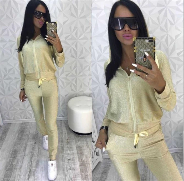 

2019 Elastic Waist Rushed Polyester Full Ribbons Women's Casual Suit Fashion Hooded Zipper Hoodie + Pants Two-piece Female