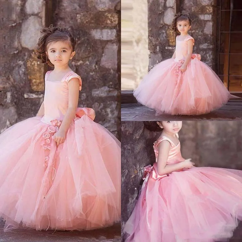 2017 Pink Tulle Flower Girl Dresses Vintage Wedding Square Neck Big Bow Sash Floor-Length Little Child PageantParty Ball Gowns