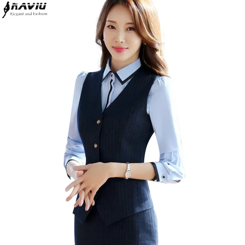 Fashion business Interview black Navy blue stripe women vest OL Slim V