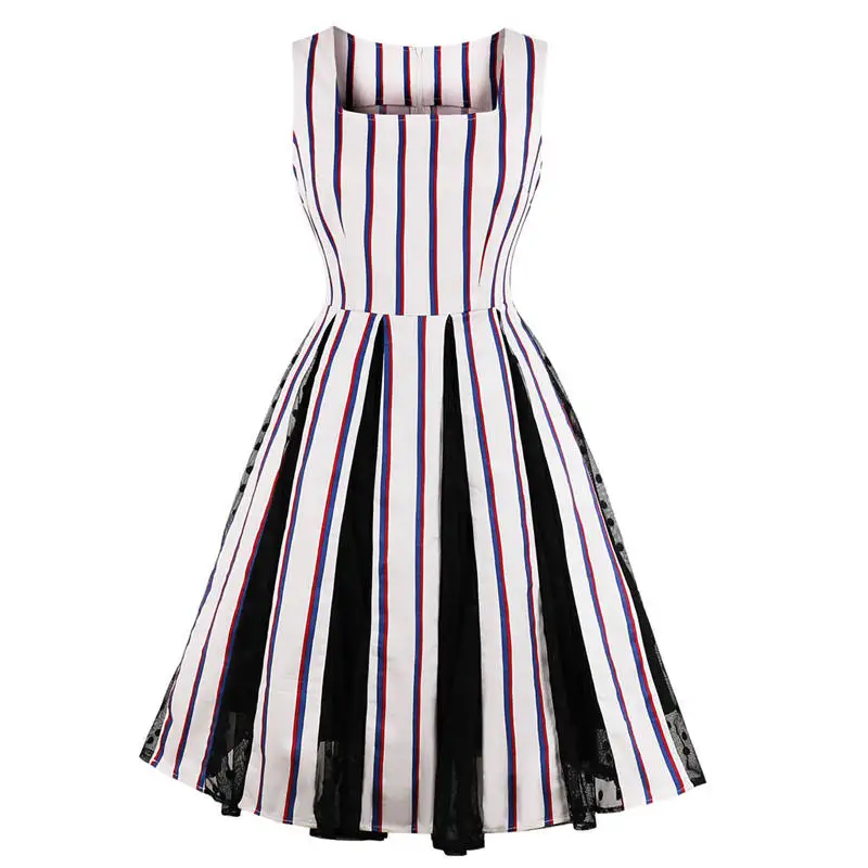 

Designed Womens Striped Square Collar Summer Dress Retro Vintage Plus Size Sleeveless A-Line Rockabilly Party Dress Sundress