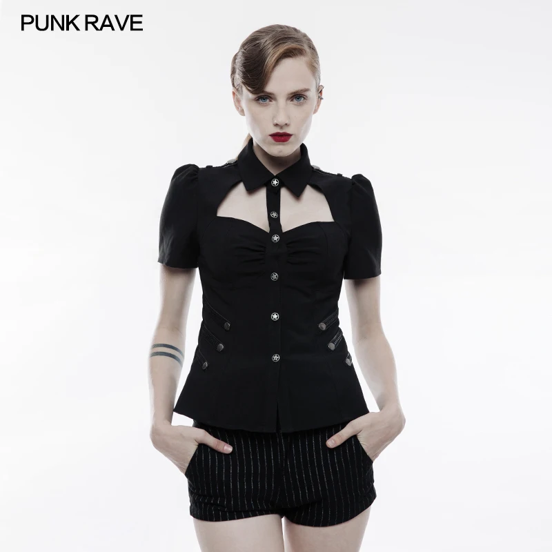 

PUNK RAVE Women Steampunk Military Uniform Gothic Sexy Hollow-Out Womens Blouse Summer Short Sleeve Tops Shirt