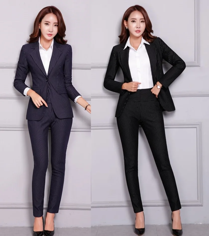Fashion Casual Striped Blazer Women Business Suits Formal Pant Suits ...