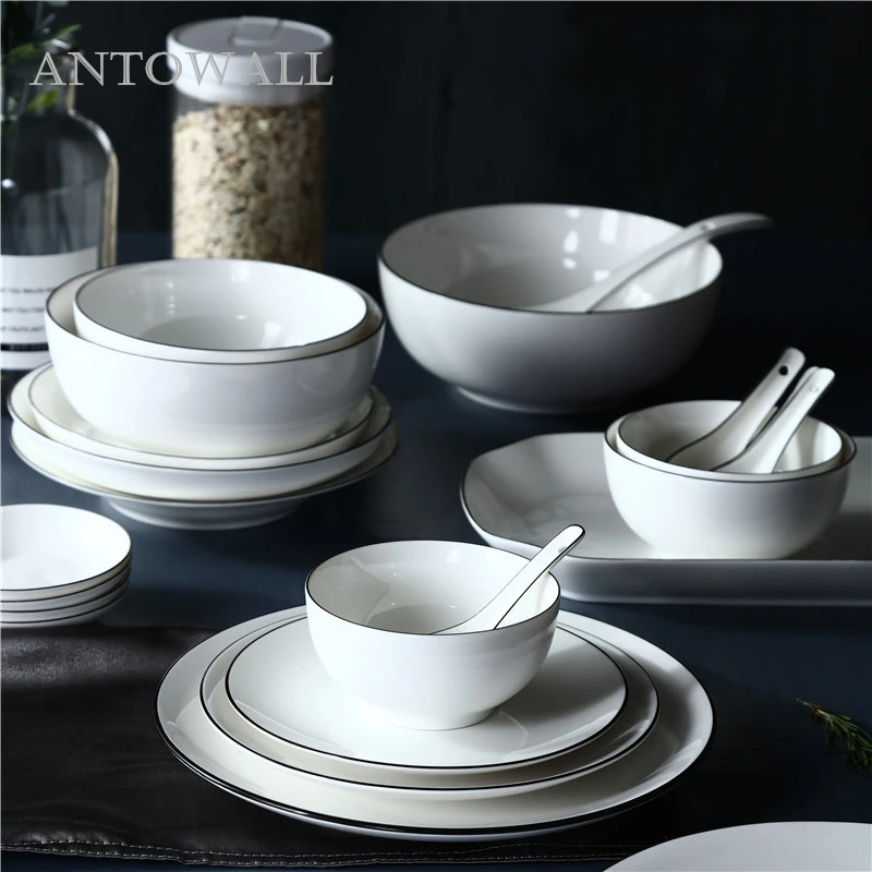 

ANTOWALL Nordic Home-used Ceramic Tableware Set Single-piece Simple Black Edge White Dinner Plate Dish and Bowl