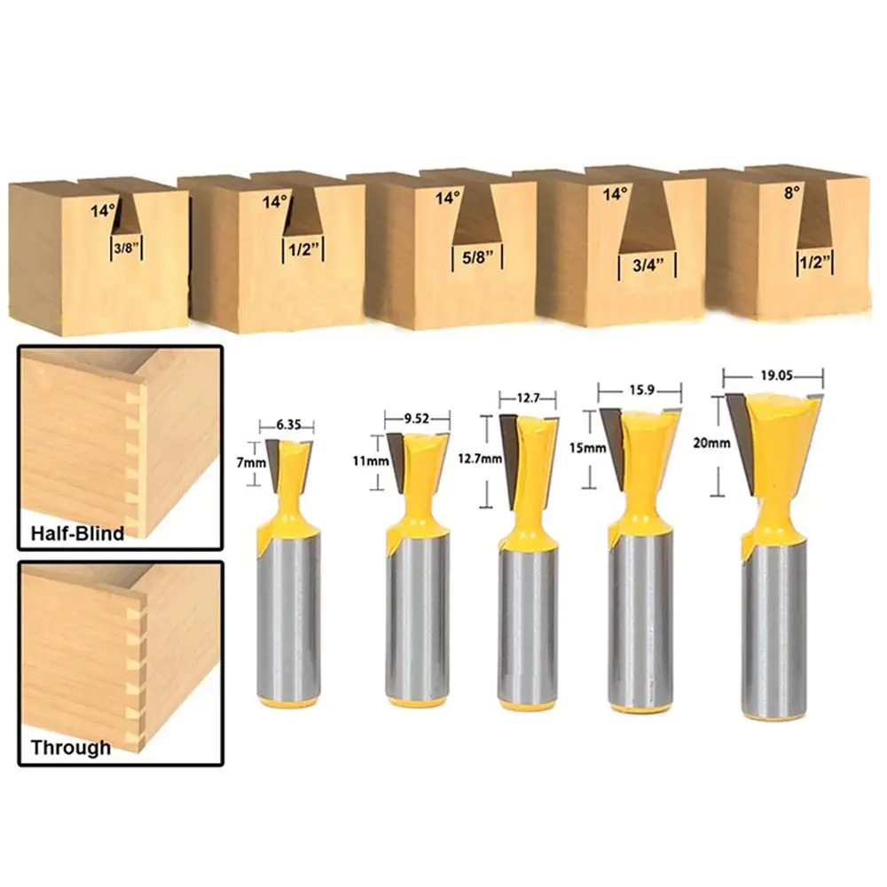 5 шт. 8 градусов и 14 градусов ласточкин хвост соединение маршрутизатор Набор бит 1/" 3/8" 5/" 3/4"-1/" хвостовик деревообрабатывающие фрезерные инструменты