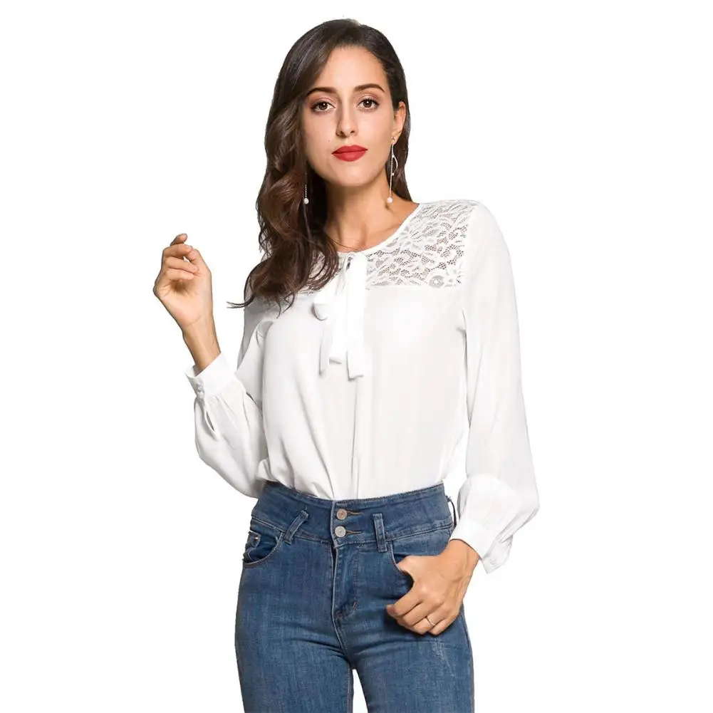 Fashion Women White Lace Chiffon Blouse Patchwork Ties Long Sleeve Slim ...