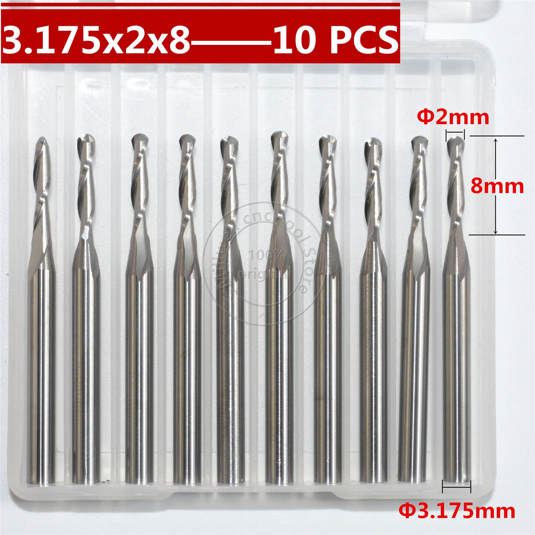 

10 PCS-3.175mm*2.0mm*8mm,CNC machine insert bit,solid carbide milling cutter,2 flute ball nose end mill,relief woodworking