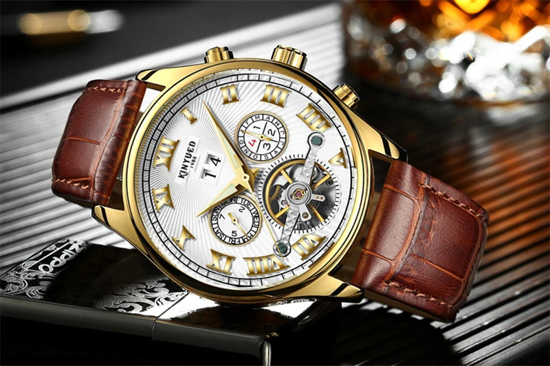 KINYUED Automatic Mechanical Watches Men Top Brand Luxury Tourbillon Stainless Steel Waterproof Man Watch Reloj Hombre