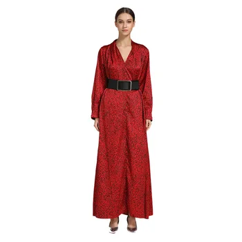 

2019 Women Muslim Casual Printing Belt Arab Dress Islam Jilbab Dress Muslim Women Long Sleeve Kaftan Maxi Dress L411A