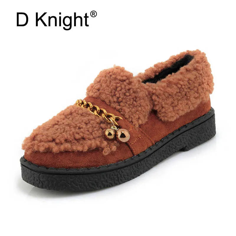 

Metal Decoration Loafers Winter Warm Women Flats Soft Platform Plush Fur Flat with RoundToe Slip on Flock Faux Fur Shoes Woman