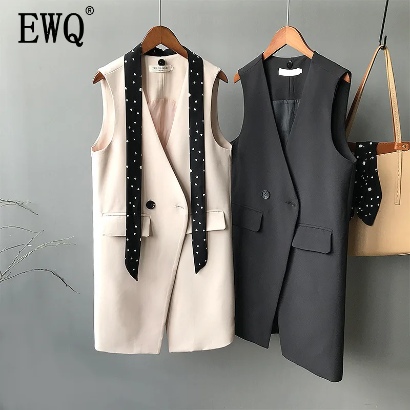 

[EWQ]2019 Autumn new Korea fashion clothes V-Neck loose Women Fashion elegant office lady coat sleeveless vests jacket top QH675