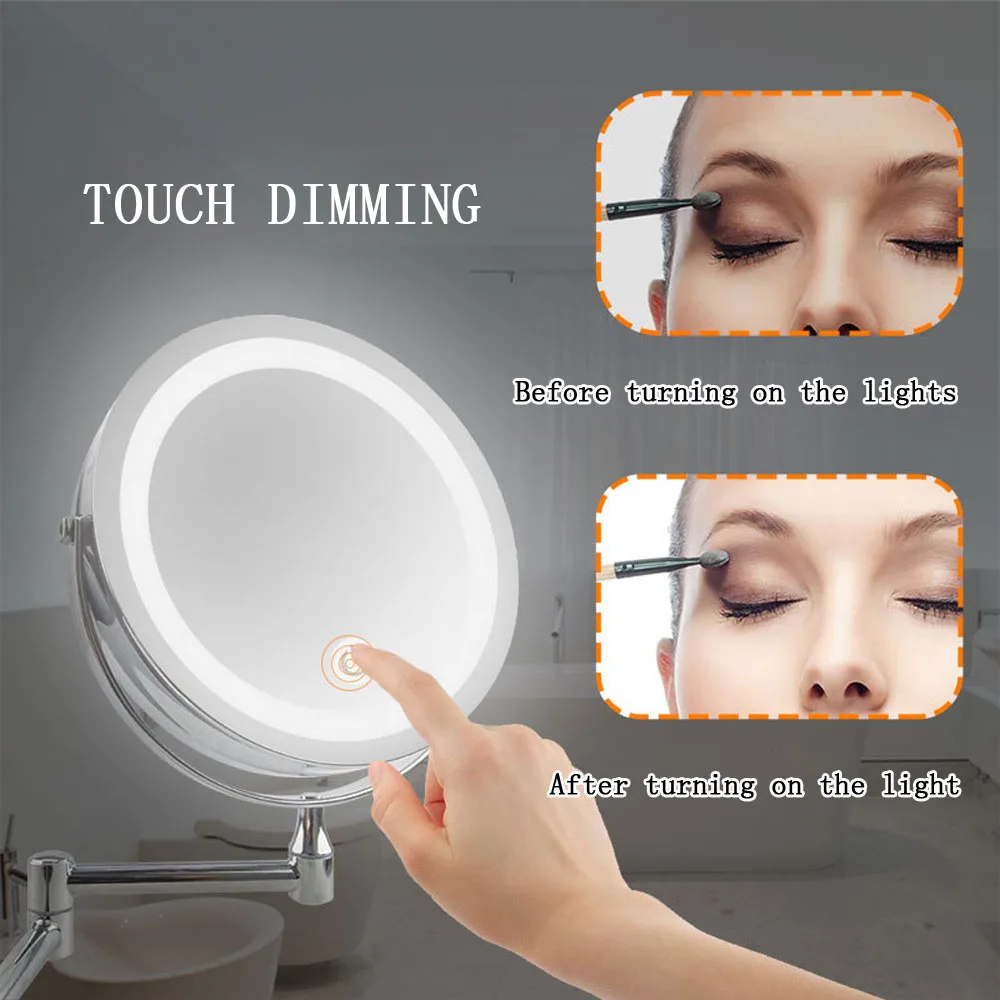 

LED bathroom make up mirror with light folding double-sided wall mount usb charging touch dimming make up mirror 10x