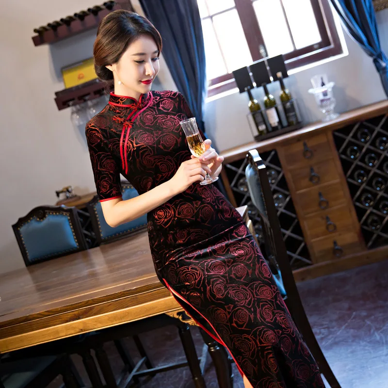 Black-Red Traditional Chinese Dress Women's Satin Long Cheongsam Qipao Flower Short Sleeve Chinese Oriental Dresses Size M-4XL (1)