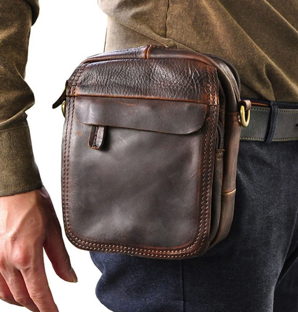

Men Oil wax Genuine Real Leather Cow Hide Shoulder Messenger Pack Vintage Belt Cell/Mobile Phone Pack Fanny Waist Bag