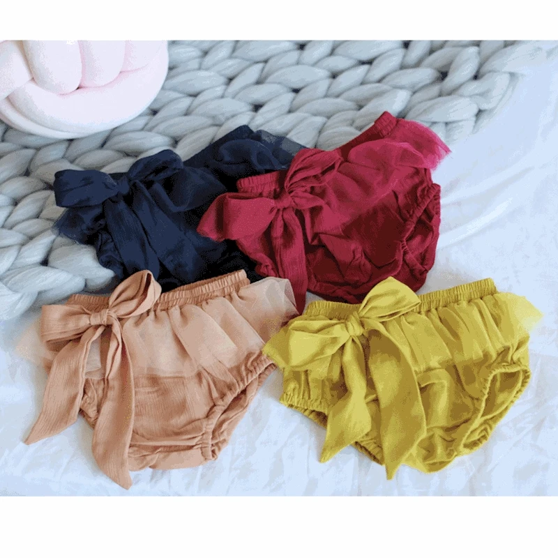 MYUDI PLAIN COLOR Baby Girl Shorts Infant Cotton Short Pants with Bow