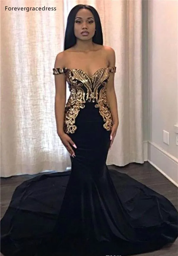 2019 Hot Sell Black With Gold Appliques Mermaid Prom Dresses Junior Sweet 15 Party Vestidos Elegant Off Shoulder Long Evening Gowns BC0986  139 (4)