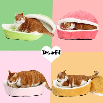 

Cat House Removable Hamburger Bed Sleeping Bag Soft Windproof Puppy Kennel Nest Cushion Short Plush Small Pet Bed Pet Products