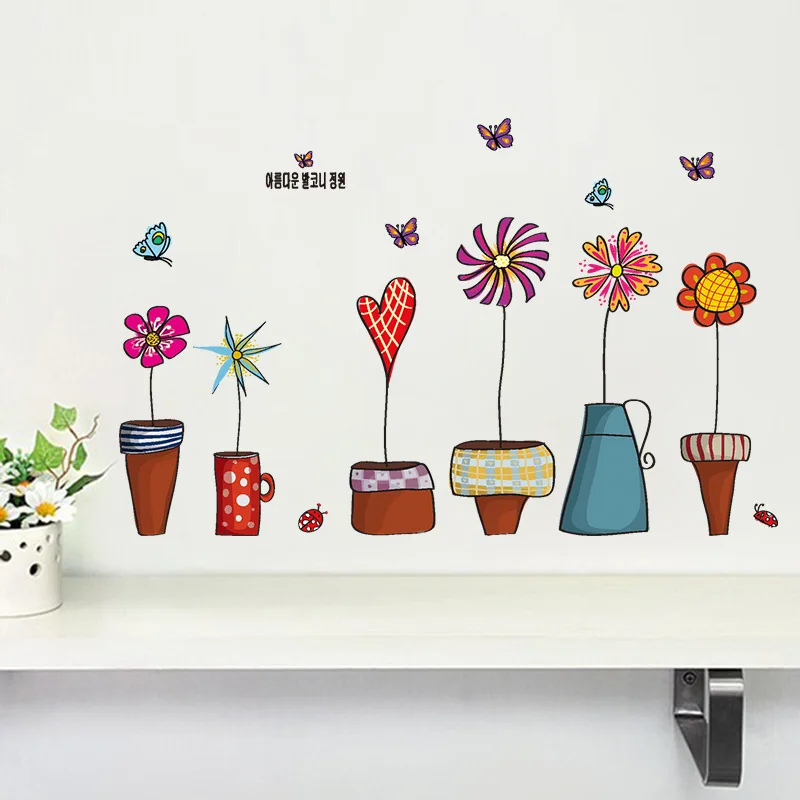 

newest coloful Korea style Flower Pots Plant Flora Butterfly home girl room decal wall stickers kids room decor gifts sticker