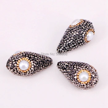 

10PCS ZYZ299-3355 Freshwater Pearl with Crystal Rhinestone Paved Loose Beads Drop Shape Bead Jewelry Findings