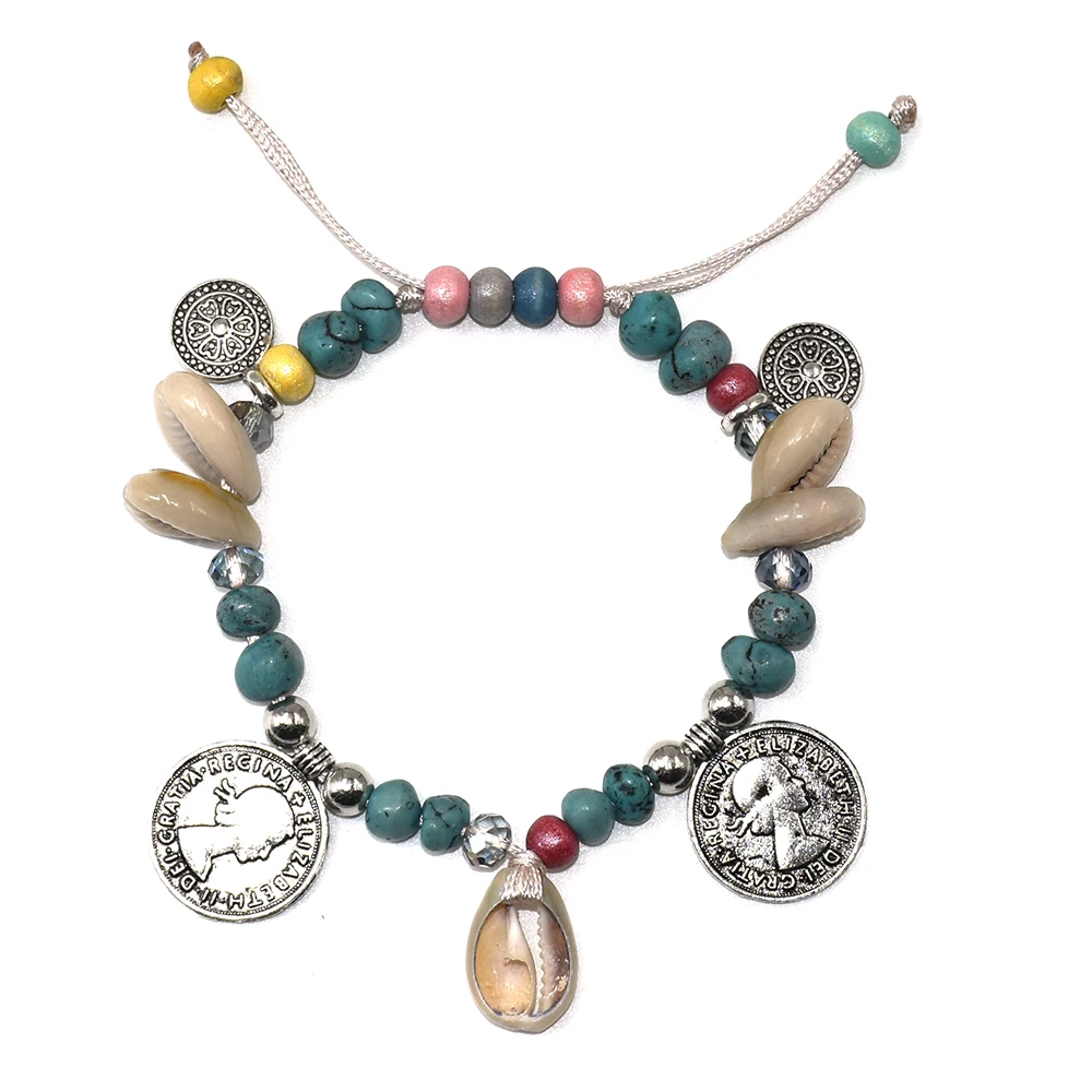 New European Boho Jewelry Handcrafted Bracelets Shell Coin Charm Beaded Strand Bracelet For Women
