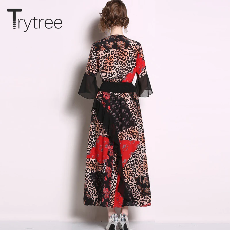 Trytree лето осень высокая улица леопардовое платье женские оборки шелковистые