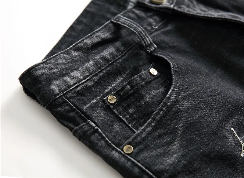 Для мужчин джинсы Стильные брюки-карандаш, джинсы Байкер Skinny тонкий прямой потертые джинсовые брюки Новые Модные узкие джинсы Для мужчин
