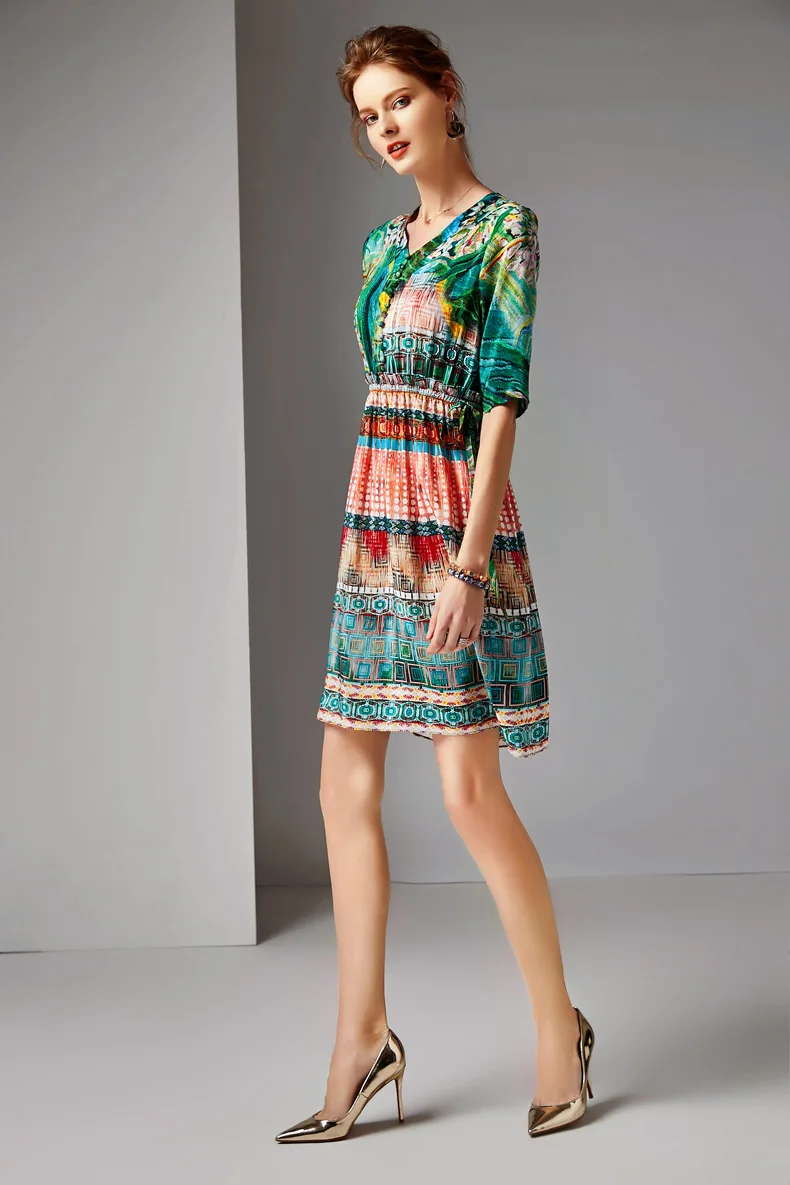 Шелк Женские Подиумные V образным вырезом с коротким рукавом с цветочным принтом модные повседневные летние платья