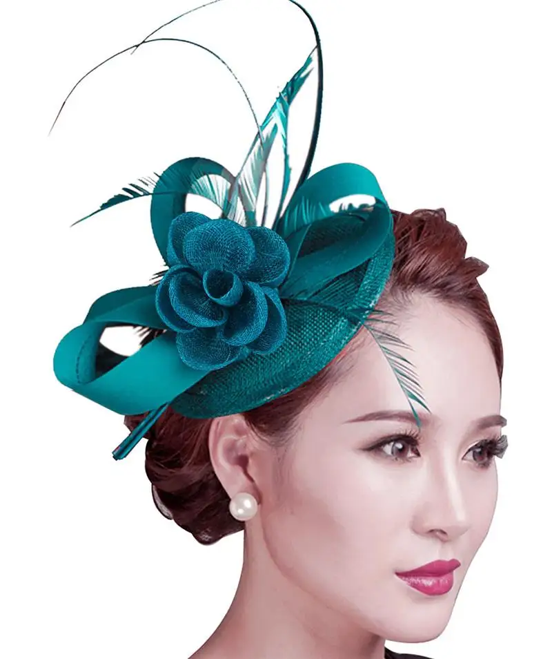 

Women Lady Fascinator Satin Flowers Feather Pillbox Hat Cocktail Party Bridal Hair Clip Headwear Women Lady Flower Hat Fedoras