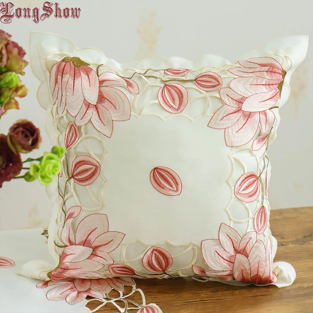 

Free Shipping 1Pcs Luxury Pink/Yellow Colour Tulip Pattern 43x43cm Square Embroidered Handmade Cutwork Satin Pillow Case