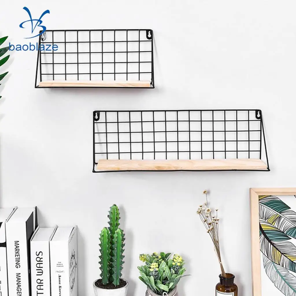 Iron Wall Hanging Storage Organizer with Pine Wood Board Plants Holder for Bedroom, Living Room, Bathroom, Kitchen, Office