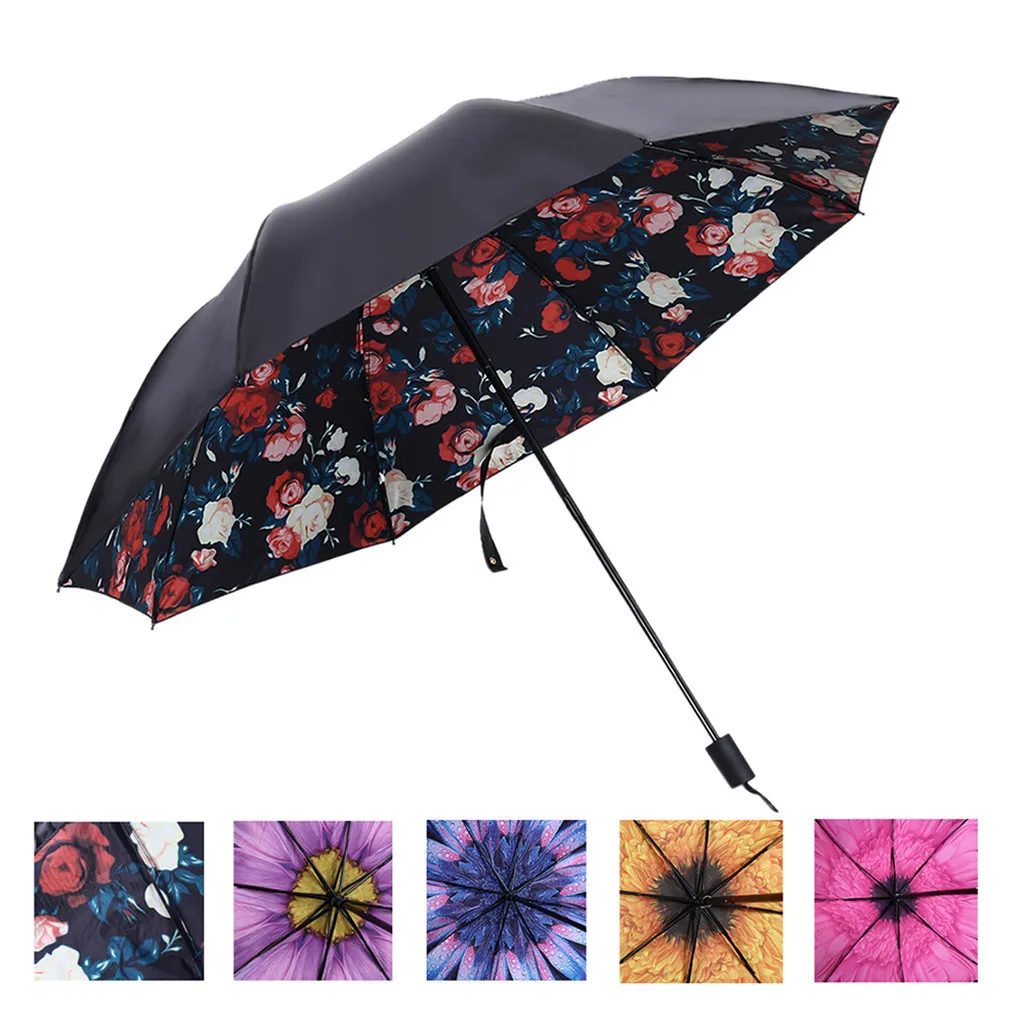 

97CM Rain Women and Men Dual Sun Umbrella Folding Sunscreen UV Umbrella 8 Bone flowers Umbrella for Sun Rain Gear Parasol W30619