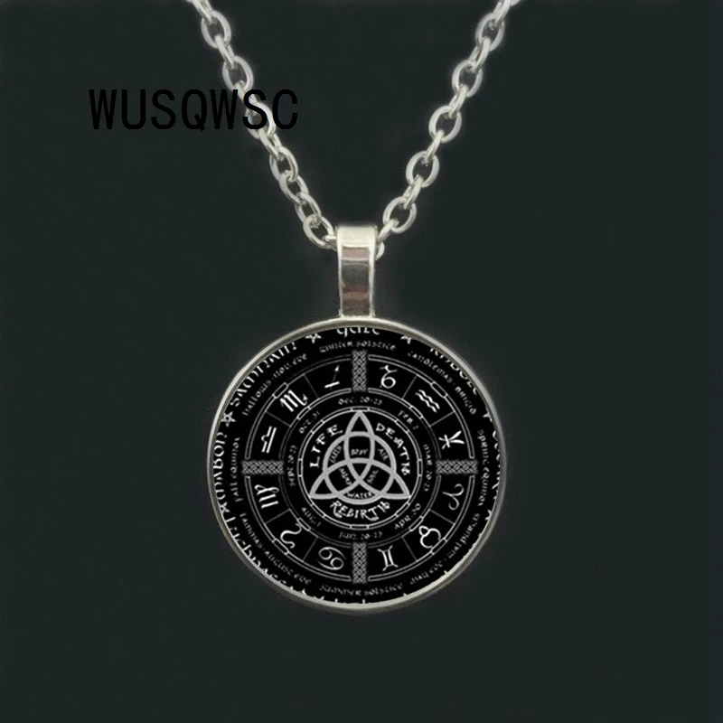 

2018 New Pagan Wheel Of The Year Necklaces Pentagram Pendant Round Photo Wiccan Jewelry Glass Cabochon Necklace Link Chain